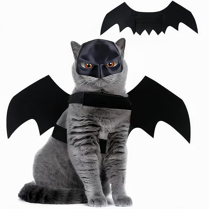 Cat Halloween Costumes, Cat Bat Mask and Bat Wings Set for Halloween Party Decoration, Pet Cosplay Costume for Cats and Small Dogs(Mask and Large Wings)