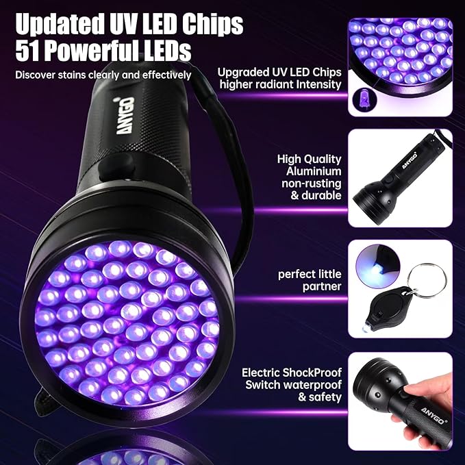 51 LED UV Black Light Flashlight, 395nm Portable Ultraviolet Pet Urine Detector for Dog Cat Stains, Bed Bugs, Scorpions, Resin Curing, Keychain Flashlight & Battery Included
