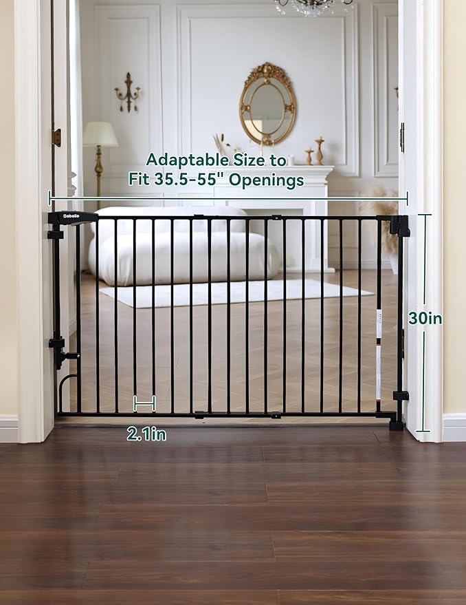 Babelio Removable & No Bottom Bar Baby Gate, 35.5-55" Extra Wide Hardware Mounted (Drill Needed)| Wide Walk-Thru| Auto-Close Safety Dog/Pet Gate for Stairs & Doorways (Black, 35.5-55" W, 30" H)