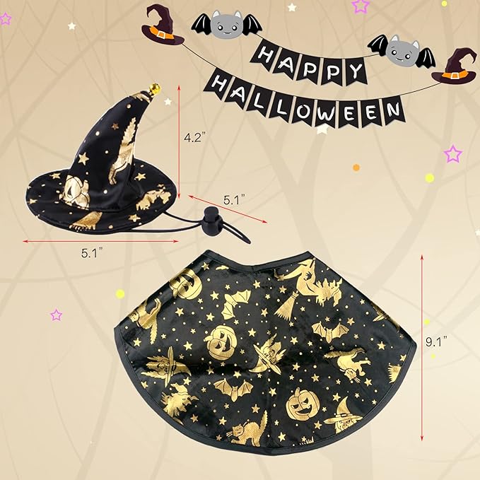 4Pcs Halloween Cat Costumes Wizard Hat Cape Pumpkin Bat Halloween Cosplay Party Cape for Cats Puppy Dogs