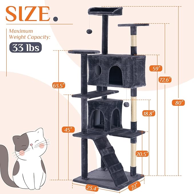 Sweetcrispy 80 Inch Cat Tree Tower, Multi-Level with Cat Scratching Post, Indoor Cat Condo with Climbing Ladder, Plush Toy, Play House for Cat, Dark Grey