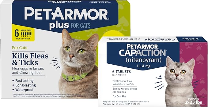PetArmor Plus Cat, 6ct + PetArmor CapAction Cat, 6ct Treat and Prevent Bundle – Fast Acting and Long Lasting Flea and Tick Care