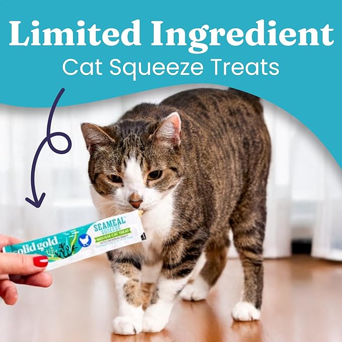 Solid Gold SeaMeal Squeeze Tuna Lickable Cat Treats with Seaweed for Skin & Coat - Wet Cat Treats with Digestive & Immune Health Support - Natural, Holistic, Grain Free (48 Squeezes)