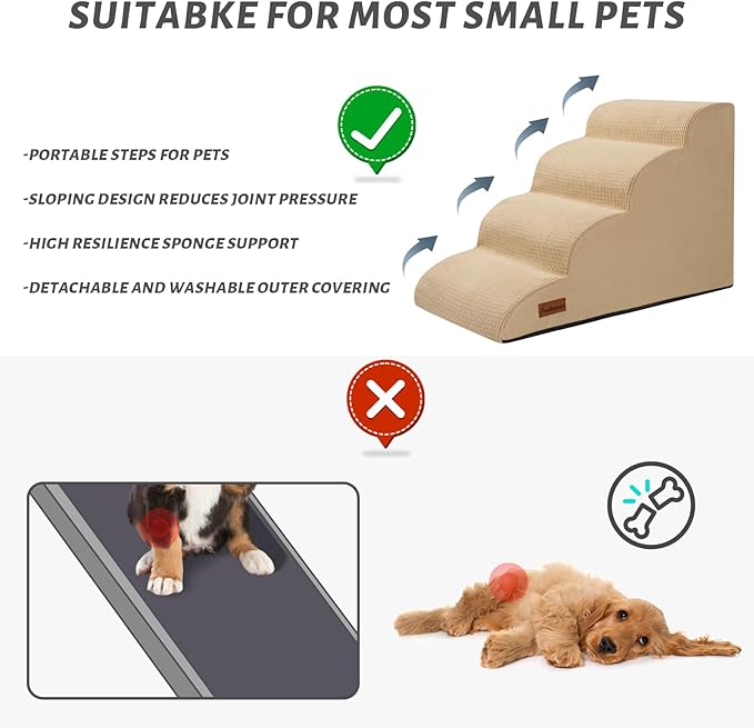 Dog Steps for Bed, 4-Step Dog Stairs Ramp for Small Dogs and Cats, Indoor Non-Slip Pet Stairs Suitable for Older, Short-Legged, and Puppy Dogs to Climb Onto High Beds and Couch, 17.4" H,Khaki