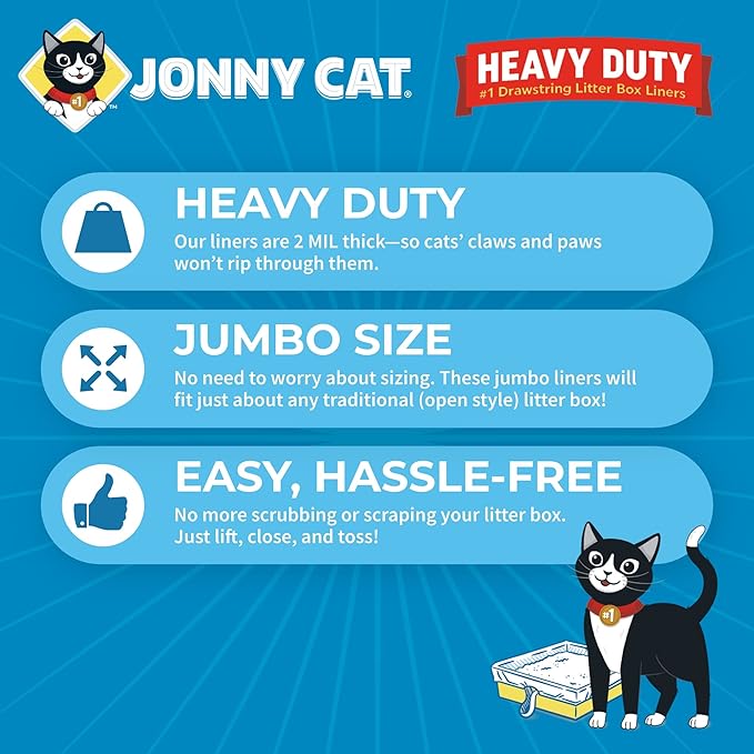 Jonny Cat Litter Box Liners: Heavy Duty - Tear & Leak Resistant - Drawstring Close - Jumbo, 15 Count (Pack of 2)
