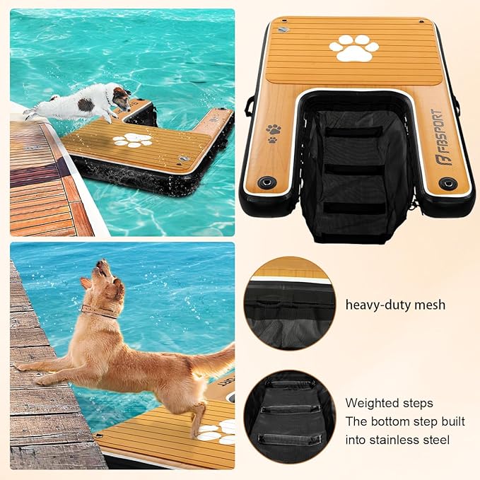 FBSPORT Inflatable Dog Boat Ramp Floating Dock Water Ladder for Pool, Boat, Non-Slip EVA Floating Ladder Pool Ramp for Dog Up to 220 LBs, Safe & Easy Access