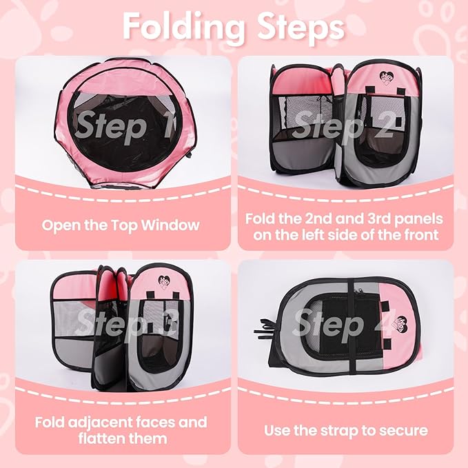 Dog Cat Playpen，Pet Cage - Indoor Outdoor, Portable Foldable Pop Up, Removable Zipper Top，Fits Dogs, Cats, Rabbits(Pink,S)