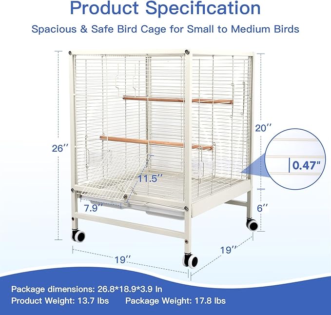19x19x26 Inch Large Bird Cage for Parrots & Parakeets, Birdcages with Stand & Wheels, Easy Clean Slide Out Tray, Include Wood Perches, Feeder & Water Bottle for Cockatiel, Lovebird, Pigeon, White