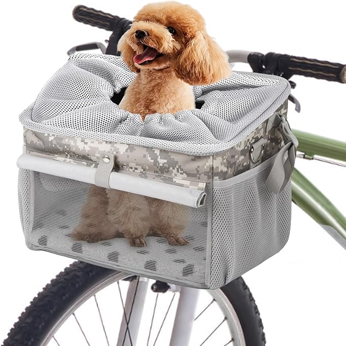 Dog Bike Basket, Pet Bicycle Carrier, Dog Car Seat with Safety Rope, Adjustable Shoulder Strap Portable Breathable Bicycle Basket Bag for Dogs and Cats Up to 15lbs