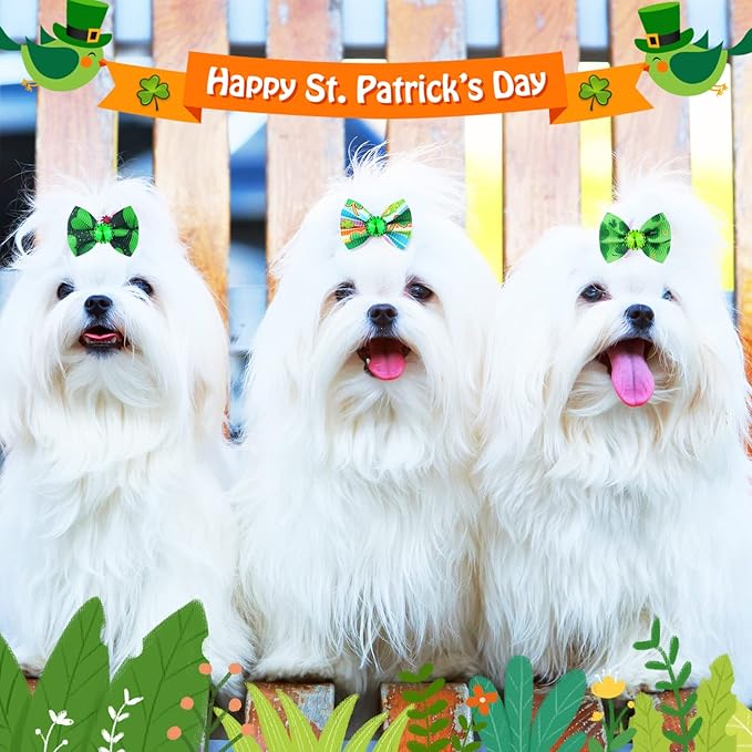 Tondiamo 100 Pack St. Patrick's Day Dog Hair Bows with Rubber Bands St. Patrick's Day Puppy Bows Rhinestone Pet Hair Accessories Dog Bows Grooming for Small Girl Dogs (Shamrock Pattern)