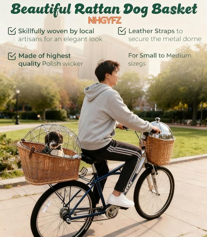 Dog Bike Basket Pet Bicycle Carrier| Natural Wicker Attachment with Protective Grille,Easy to Install Comfort Cotton Cushion,Mounting Bracket for Secure Bicycle Rear Luggage Rack for Daily Rides