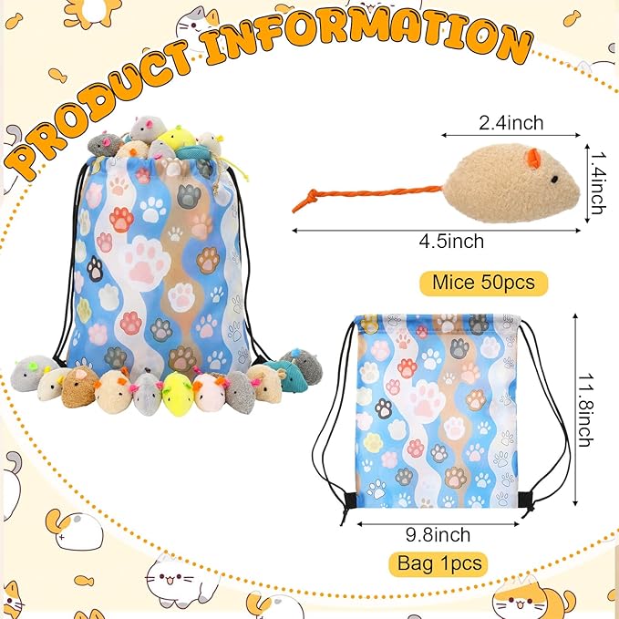 Leitee 50 Pcs Assorted Mice Cat Toys Bulk with 1 Cat Paw Gift Storage Bags Set, Furry Mouse Kitten Toy Mini Mouse for Indoor Cats, Interactive Play Color Varies(51 Pcs,Plush Mice)