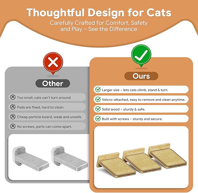 3Pcs 10"×8" Cat Wall Steps - Cat Stairs for Wall, Ladder Natural Wood with Fixtures,Turn Around or Climbing or Playing for Kittens and Adult Cats