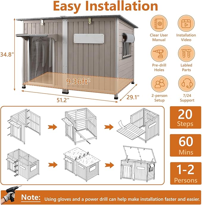 55"L Dog House Outdoor Large Breed Extra XL Wooden Dog House with Weatherproof Asphalt Roof, All-Around Iron Frame, Removable Floor, Openable Top Roof, Air Vents Window for Medium to Large Dogs