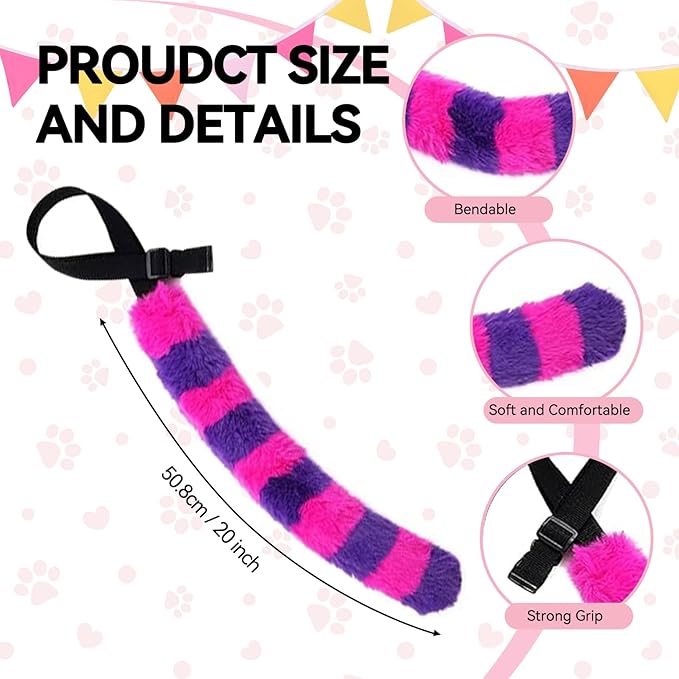 5Pcs Pink Purple Striped Cat Costume Set, Halloween Costume with Plush Ears, Adjustable Tail, Knee Socks, Gloves, Collar, for Women, Girls, Halloween Cosplay Party Outfit