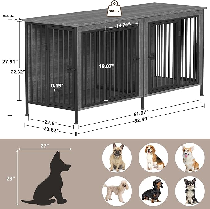EasyCom Dog Crate Furniture for 1 or 2 Dogs, Heavy Duty Single/Double Dog Crates for Small/Medium/Large Dogs, Dog Kennel Furniture Indoor as TV Stand, Medium Size 63" L(20-35 Pounds), Dark Grey