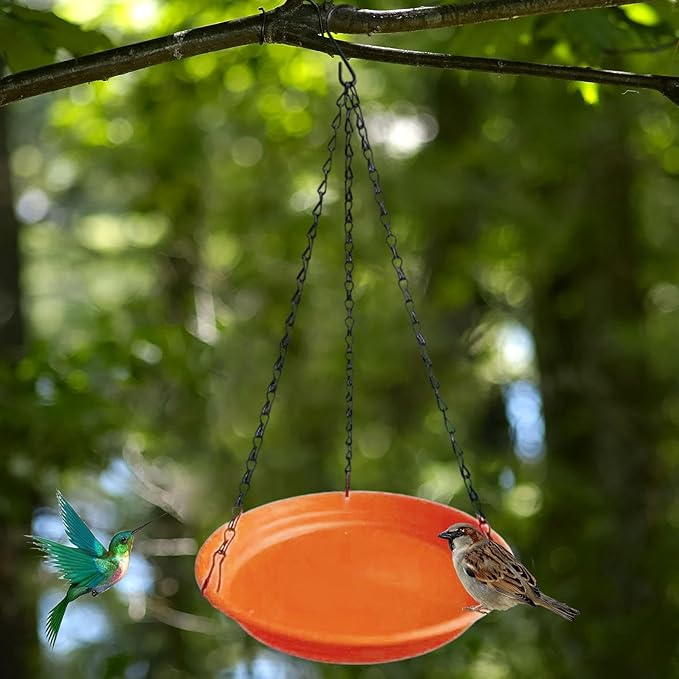 Hanging Bird Feeder and Waterer Tray Water Feeding Bowl Garden Decor with Chains Sturdy Birds Water Station for Backyard Yard, Brown Red