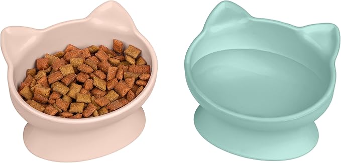 Kitty City Elevated Cat Bowls (Set of 2), Whisker-Friendly Raised Cat Food & Water Dishes, Modern Pedestal Design, Dishwasher Safe, 6.5 oz Each – Pink & Teal