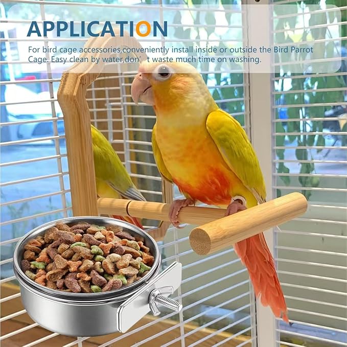 2Pcs Stainless Steel Bird Feeding Bowls, Small Bird Feeding Cup, Stainless Steel Parrot Food Bowl Cage with Holder, Parrot Cage Water Feeder, Pet Cage Cup Holder (Dia 4.72", 5.51",)
