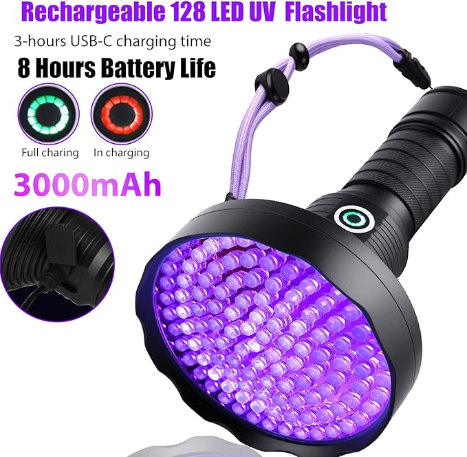 Rechargeable 128 LED UV Flashlight, Black Light for Pet Urine Detector Detection, Professional Black Light for Dog/Cat, Scorpions Hunting, Bed Bug Detection