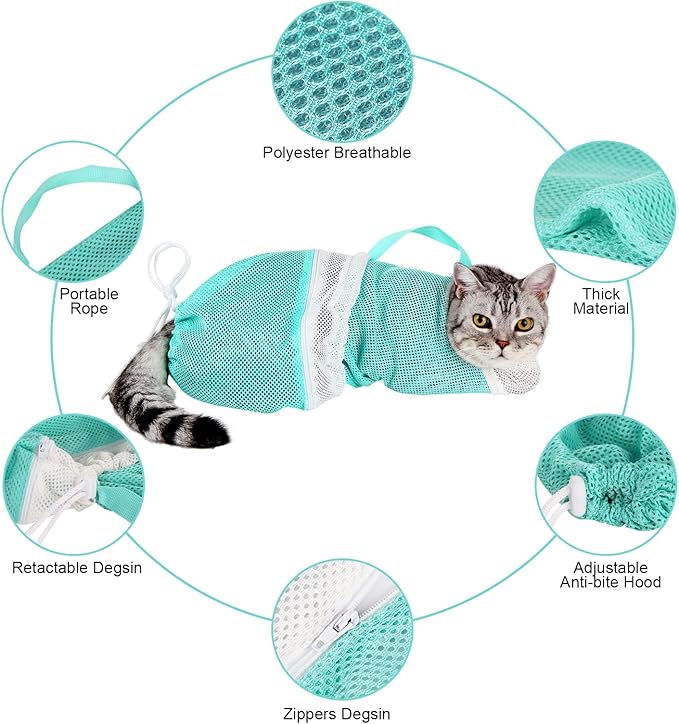 Cat Bag for Bathing Set with Grooming Washing Bag Adjustable Pet Shower Brush - Cat Bathing Mesh Bag Anti Scratch Anti Bite Soft Durable for Cats & Dogs Restraint Grooming Nail Trimming Washing