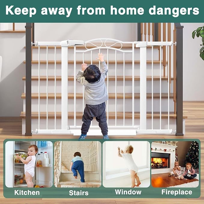 Fairy Baby 29.5"-48.8" Extra Wide Baby Gate for Stairs, Pressure Mounted Metal Long Dog Gates Indoor for House Doorways Walk Thru No Drill Pet Gates Child Safety Gate for Kids, White