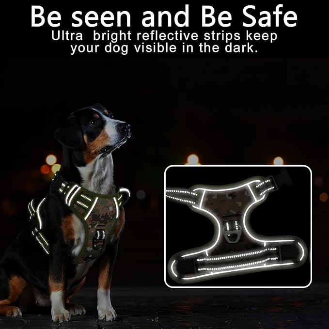 Timos Dog Harness Large Sized,No Pull Dog Harness Adjustable Metal Rings 3 Buckles,Reflective No Choke with Easy Control Handle for Large Dogs,Military Green L
