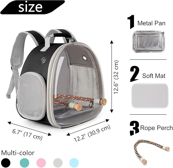 Small Bird Travel Backpack Carrier Cage, Backpack to Transport Backpack Carrier with Metal Tray Stand Perch for Parakeet Cockatiel Budgies Vet Carry Book Bag Black