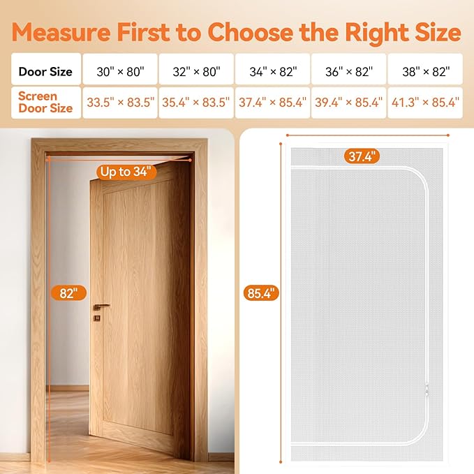 BFNN Cat Screen Door, Extra Tall Cat-Proof Mesh Gate, Fit Door Size 34'' x 82.5'', Anti Scratch Mesh with Zipper Closure, for Living Room, Kitchen, Bedroom (White)
