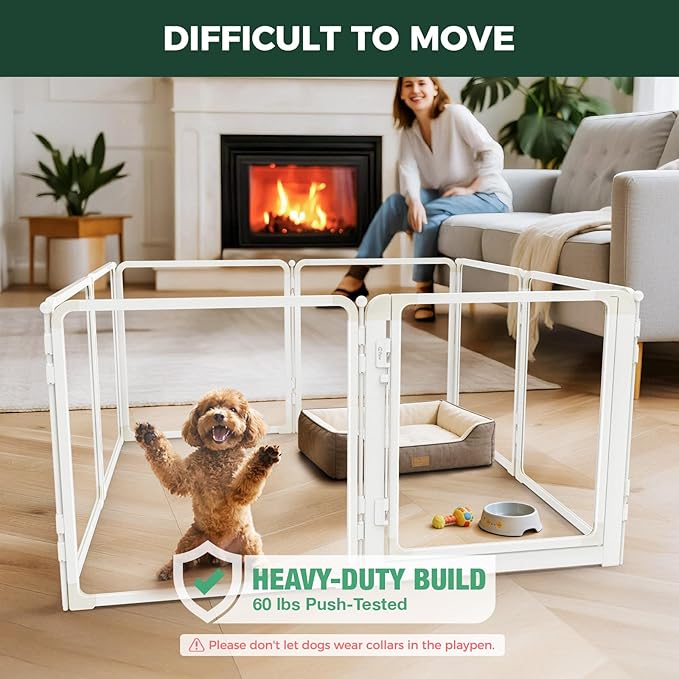 FXW AuraSpace Pro Metal & Acrylic Indoor Dog Playpen, All-Acrylic Clear Heavy-Duty Design, 24" Height 8 Panels for Puppies & Small Dogs, White│Patented