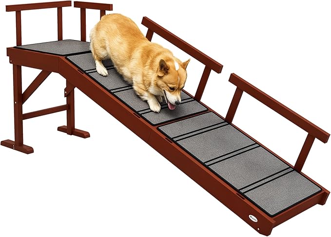 PawHut Dog Ramp, Dog Stairs for Small, Medium & Large Dogs, Pet Ramp for Bed or Couch with Removable Guardrails, Non-Slip Surface, 60" Long, Brown