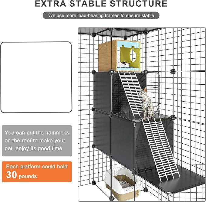 Large Cat Cage Indoor - Metal Wire Cat Enclosure with Storage Cube, Detachable Kitty Cage with Platform for 1-3 Cats, 3x3x4 Spacious Cat Kennel