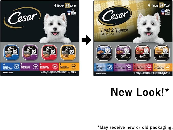 Cesar Loaf in Sauce Wet Dog Food Rotisserie Chicken, Filet Mignon, Angus Beef, and Ham & Egg Flavors Variety Pack, 3.5 oz. Easy Peel Trays (24 Count, Pack of 1)