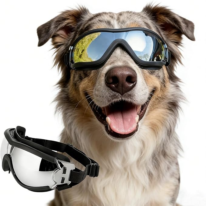 Enjoying Dog Goggles for Medium to Large Dogs, Dog Sunglasses UV Protection, Large Dogs Driving Eye Protection, Windproof Dustproof Anti-Fog, Breathable, Adjustable Straps, Black