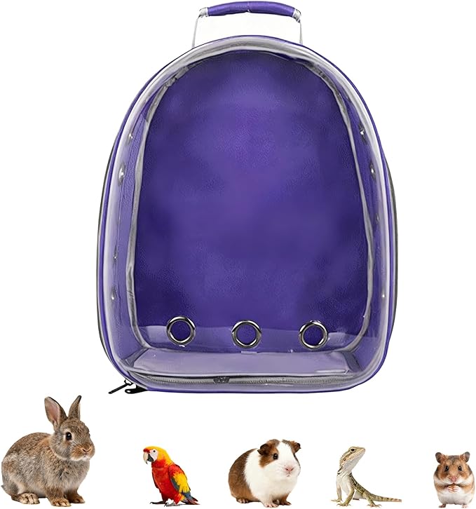 Transparent Parrot Backpack,12 Holes Ventilate Space Capsule Carrier,Stick Wooden Standing Perch,Portable Double Shoulder Outdoor Pet Backpack Carrier for Birds and Pets (Purple,Without Stick)