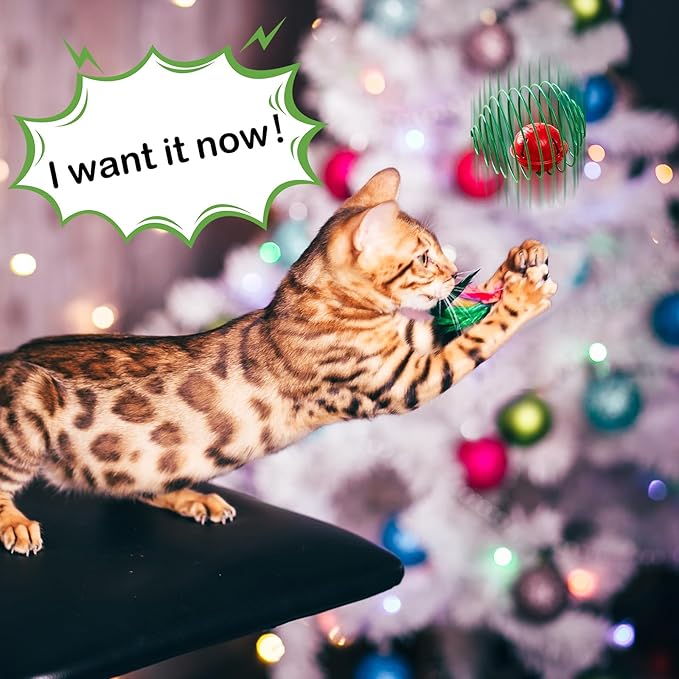 Jecery 5 Pcs Cat Spring Balls Toys Stretchable Rolling Balls Colorful Playful Coils Interactive Action Toy Caged Rats for Kitten Pet Supplies (Bell,Christmas Colors)