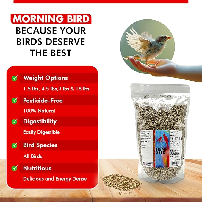 Morning Bird Hemp Seeds 1.5 lbs – Natural Superfood Seed – High in Natural Protein, Healthy Fats, Omega 3 and 6 Fatty Acids, Delicious Natural Flavor, Supports Feather Growth & Overall Health