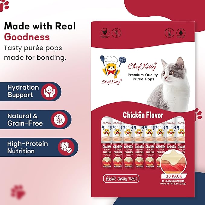 Cat Treats Lickable | Grain-Free Cat Food Toppers, High Protein | Creamy Puree Squeeze Ups with Vitamin E & Taurine, Digestible Formula | 0.5 oz. Each Tube, Chicken Flavor | 10 Tubes