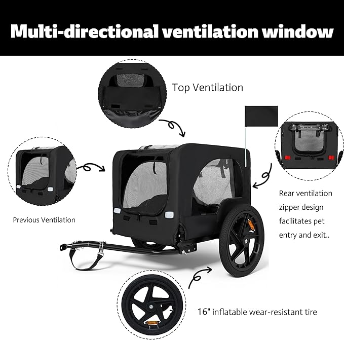 Collapsible Pet Bike Trailer, Portable Dog Bicycle Trailer with Enhanced Safety Design, Weatherproof & Ventilated Pet Carrier for Small to Medium Pets Up to 66 lbs (Black)