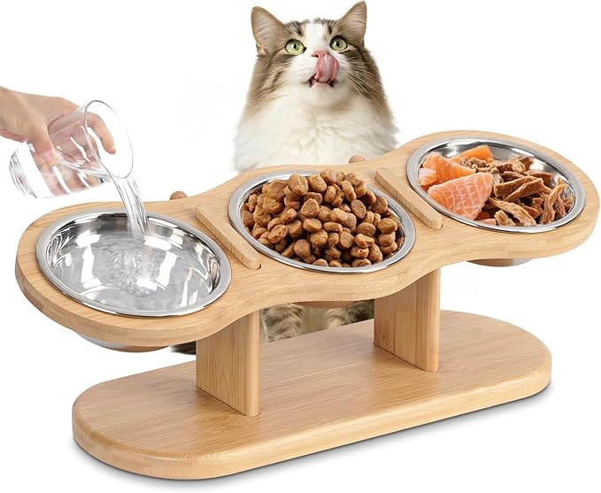 Elevated Cat Bowls Raised Cat Food Bowls, 15° Tilted Pet Bowls for Cats Puppy Small Dogs, Raised Dog Bowl Stand Feeder Adjustable Dog Cat Food Water Bowls Stand with 3 Stainless Steel Bowls