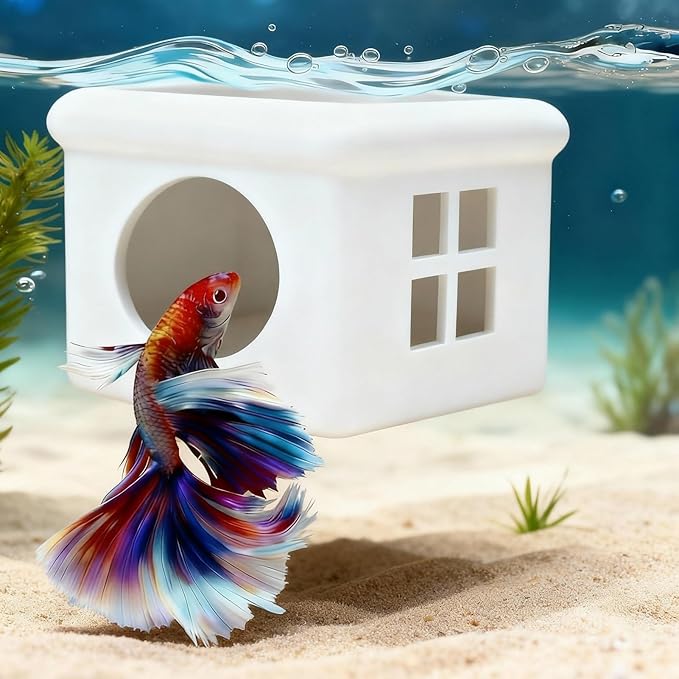 White Floating Betta Fish Hideout with Window – 3D Aquarium Shelter & Breeding Box – Surface Feeding Platform & Cave Rest Spot – Compact Fish Tank Decor (3.67"x2.87"x2.16")