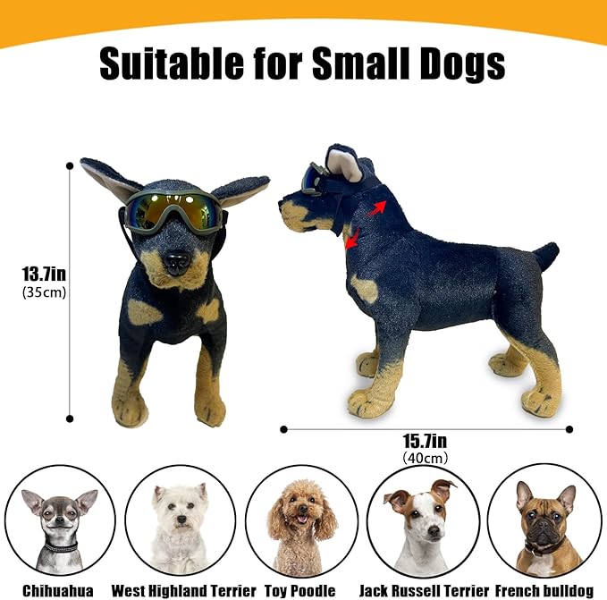 Dog Goggles Small Breed Dog Sunglasses with Adjustable for UV Protection Eyewear Doggy Doggie Puppy Glasses Anti-Fog Wind Dust Snowproof (Green Frame Red Lens)