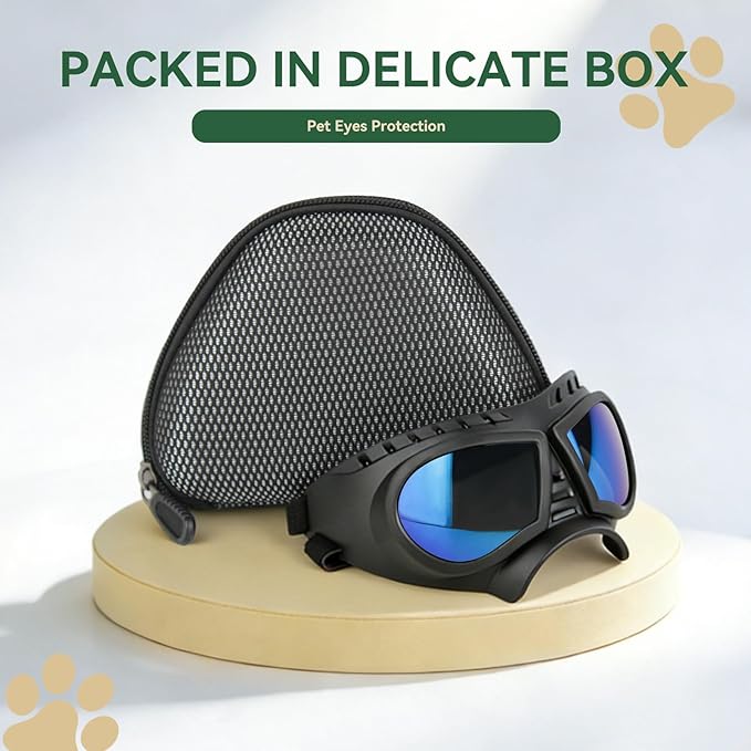 PETLESO Dog Goggles for Small to Medium Breeds, Small Dog Sunglasses UV Protection Windproof Snowproof, Outdoor Driving/Riding/Hiking Pet Eyes Protection, Soft Frame Adjustable Straps, Blue Lens