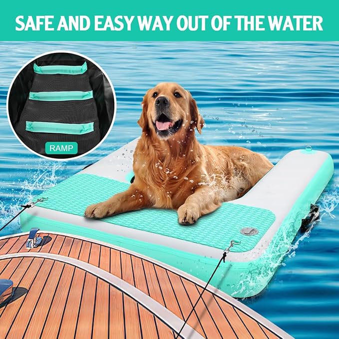 FBSPORT Inflatable Dog Boat Ramp Floating Dock Water Ladder for Pool, Boat, Non-Slip EVA Floating Ladder Pool Ramp for Dog Up to 220 LBs, Safe & Easy Access