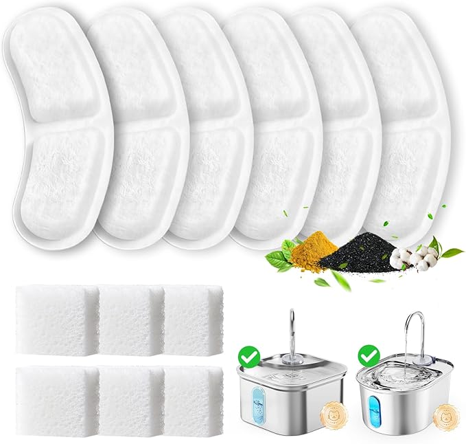 Cat Water Fountain Filter Replacement, 6 Pcs Pet Fountain Filter Without Plastic Shell with 6 Pcs Sponges Foam for 108oz/3.2L Stainless Steel Automatic Cat Water Dispenser for Drinking