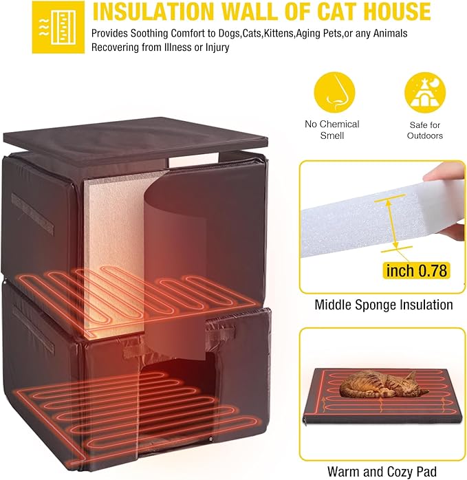 Heated Cat House Outdoor Cat House Insulated Freal Cat Shelter with Heated Pad- Large Outside Insulated Cat Condo for Winter
