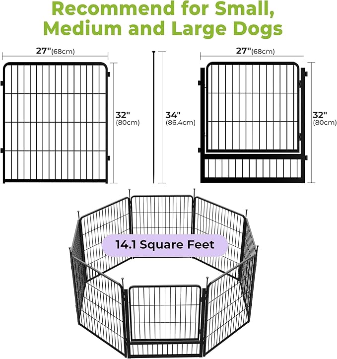 SunsGrove Dog Playpen Outdoor, Heavy Duty 32 Inch 8 Panels Dog Playpen for Small and Medium Dogs, Free and Safe Play Dog Fence Indoor, Black