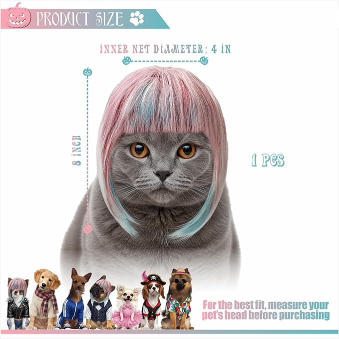 Pet Wig for Dogs & Cats, Cute Colored Hairpiece for Christmas Photos, Holiday Parties, Cosplay & Birthday Dress-Up, Adjustable Wig for Small Pets