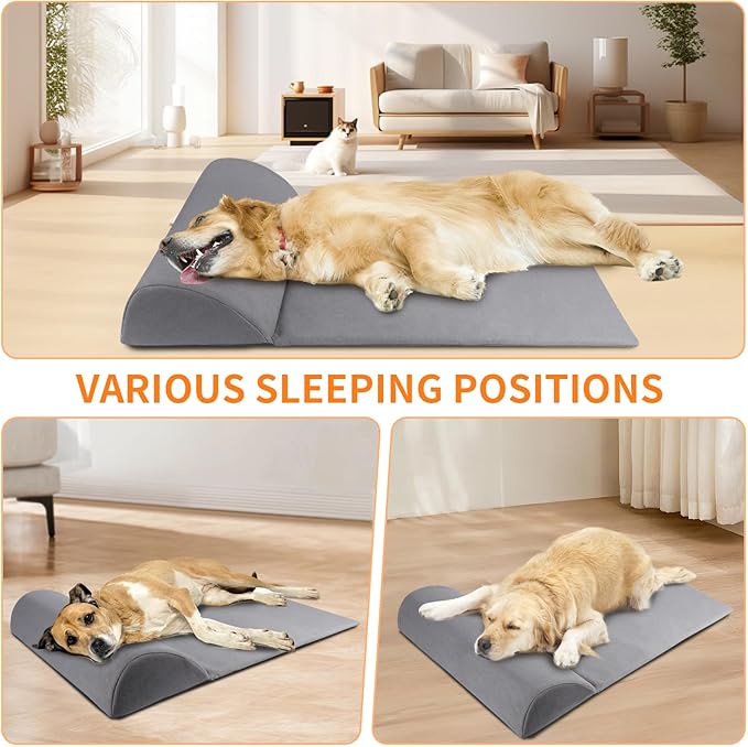 Dog Bolster Pillow for Large Dog, Benefit for Cervical Vertebra and Neck, Headrest with High Resilience Foam, Easy to Carry, Machine Washable Cover＆Easy to Clean, Light Grey(Large)