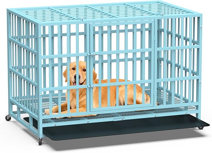 48 Inch Heavy Duty Dog Crate, Indestructible Escape-Proof Dog Kennel for High Anxiety Large Dogs, Strong Metal Pet Cage with Double Doors, Lockable Wheels & Removable Tray, XL XXL XXXL